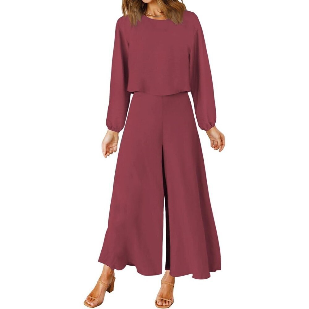 Women's 2 Piece Summer Outfits Polyester Crop Top Wide Leg Pants Set